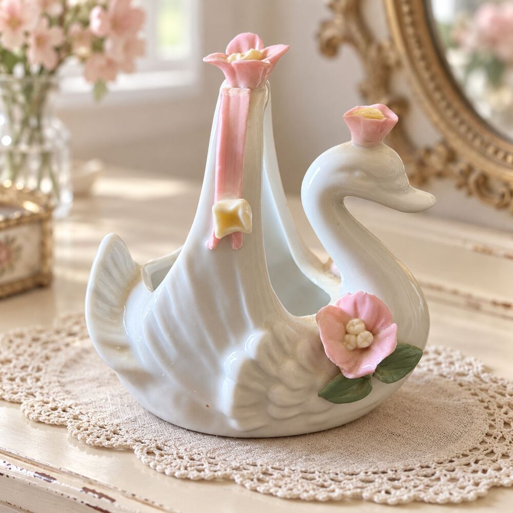 White Ceramic Swan Basket Pink Applied Flowers Ribbon Handle Cottagecore Decor